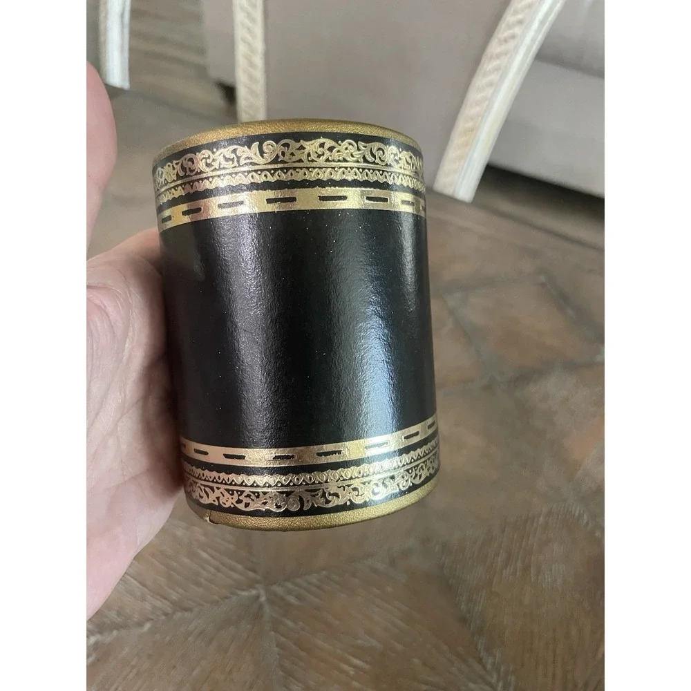Vtg MCM Black Faux Leather Embossed Gold Gilt Pen Pencil Holder Desk Accessory